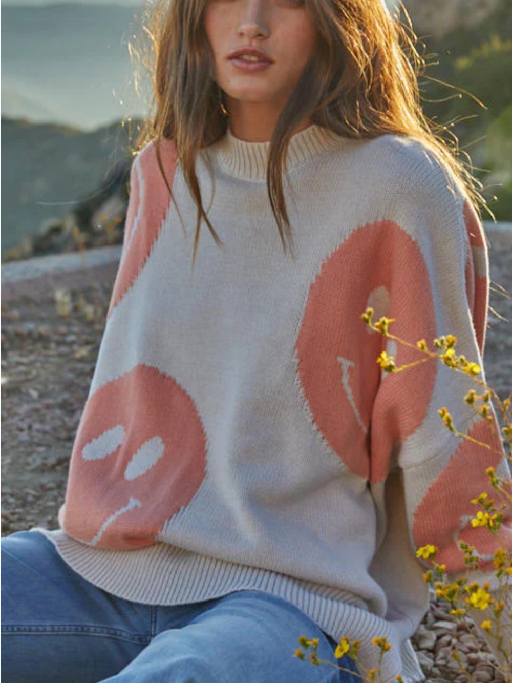 By Together Cream Sweater with Peach Smiley Motifs